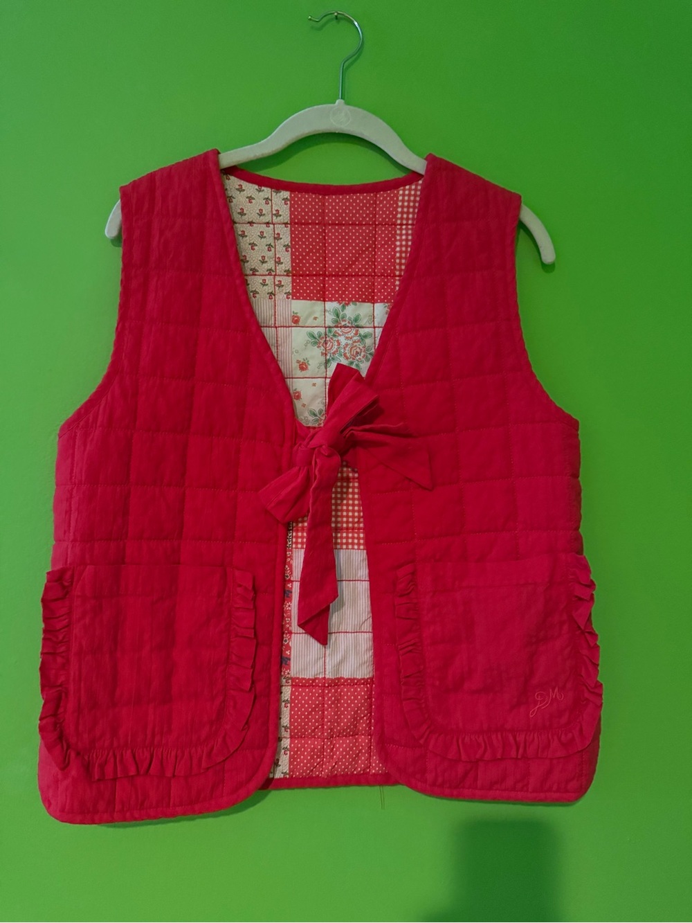 Damson Madder. Quilted Red Reversible Tie-Front Vest for Women
